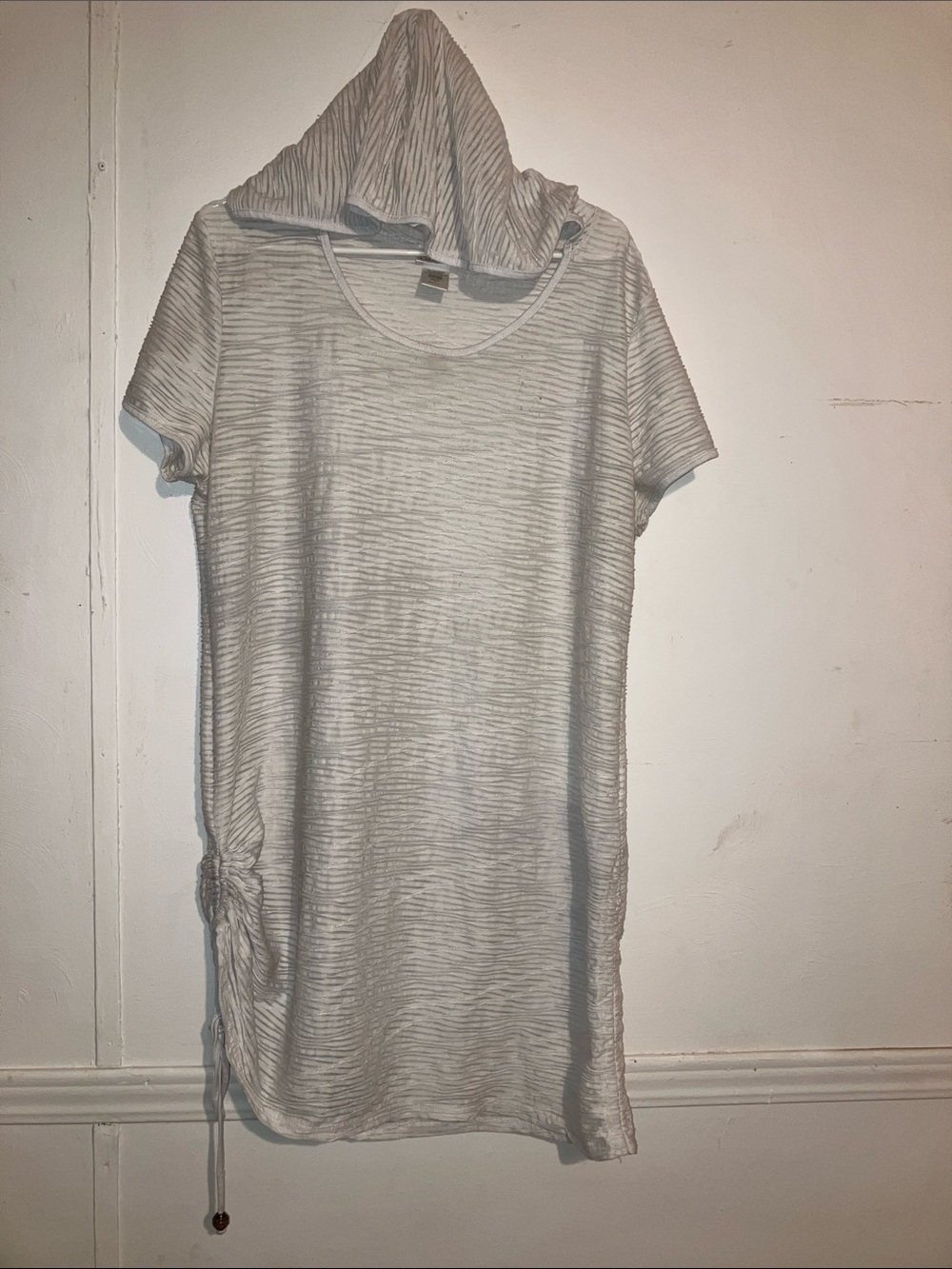 Striped Light Gray Hooded Swim Coverup with Side Drawstring